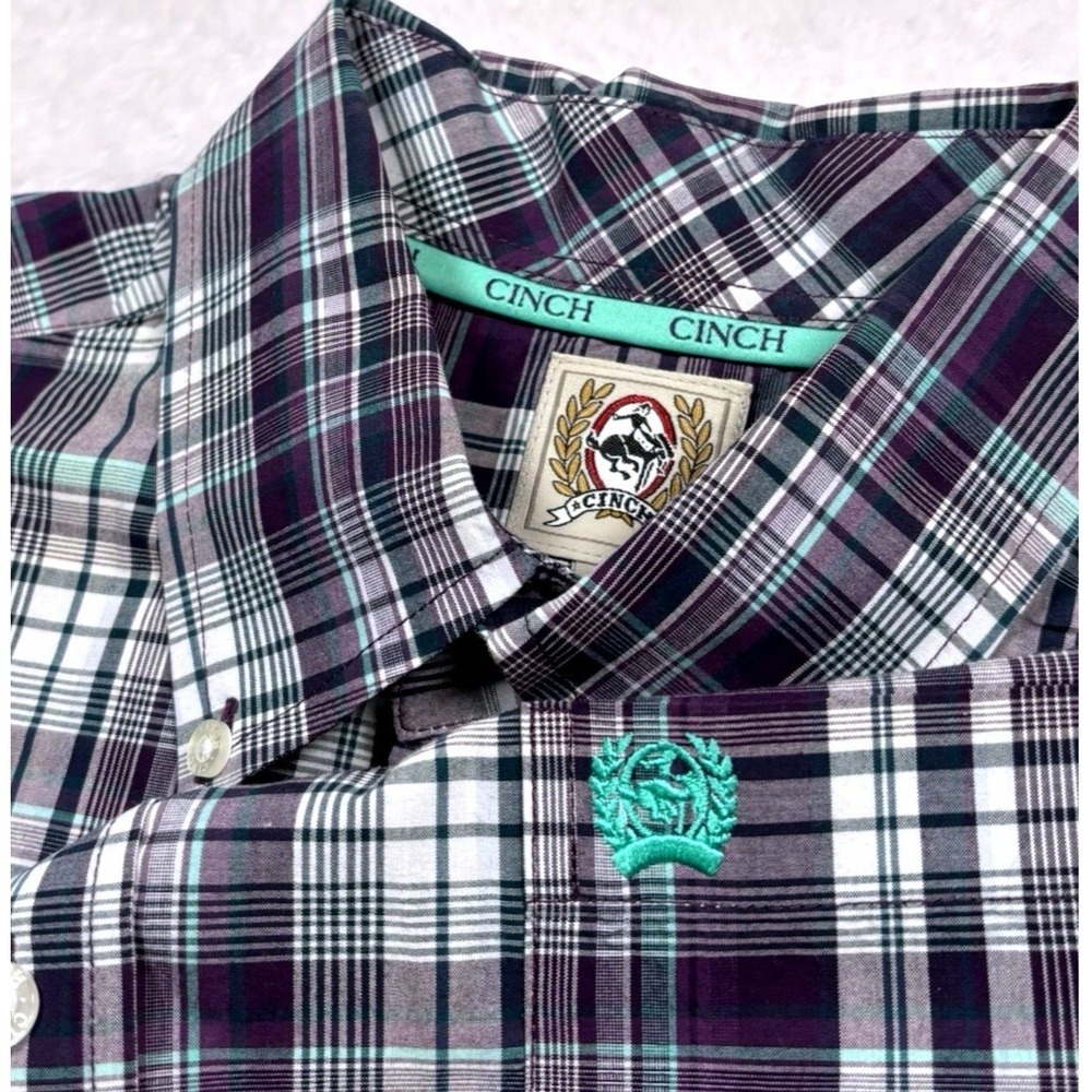 Cinch Western Shirt Mens Small Purple Teal Plaid Long Sleeve Pocket Cowboy Rodeo